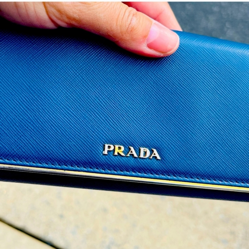 Prada Deep Blue Saffiano Leather Long Slim Double Snap Wallet …
